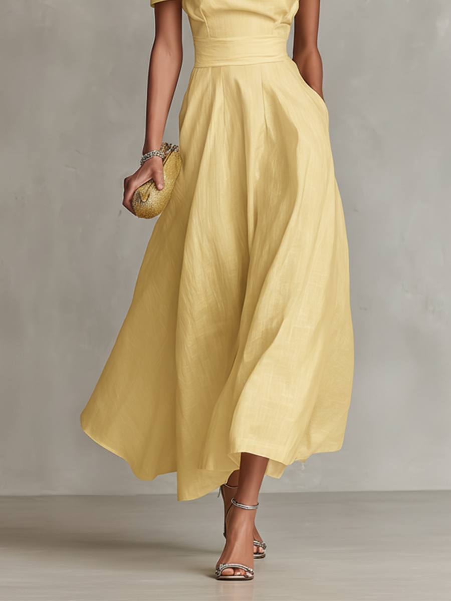 Women's Yellow One Shoulder Linen Midi Dress Wedding Guest
