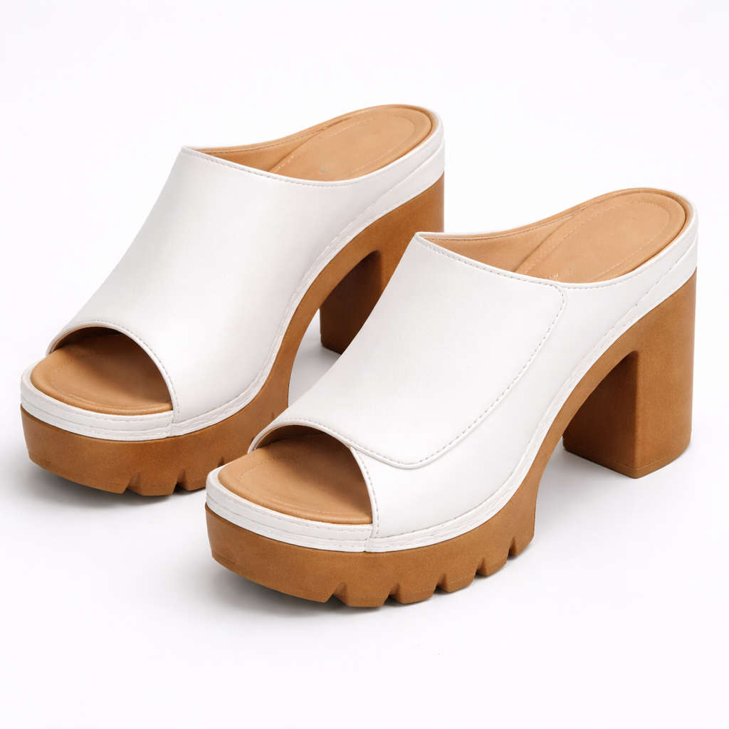Women's Leather Platform Block Heel Open Toe Mules