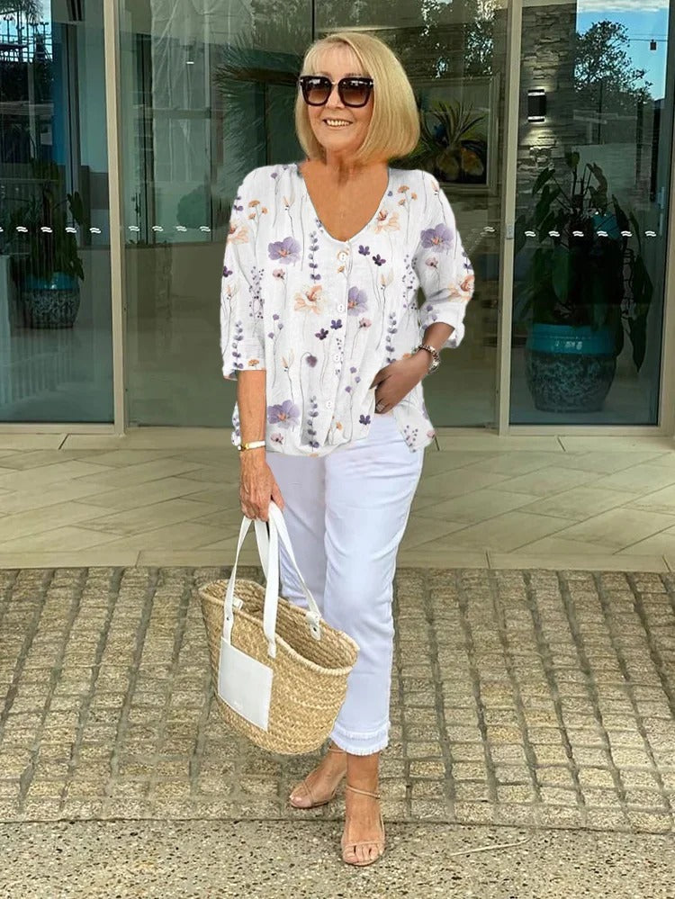 Women's Floral Print V-Neck Three-Quarter Sleeve Linen Blouse