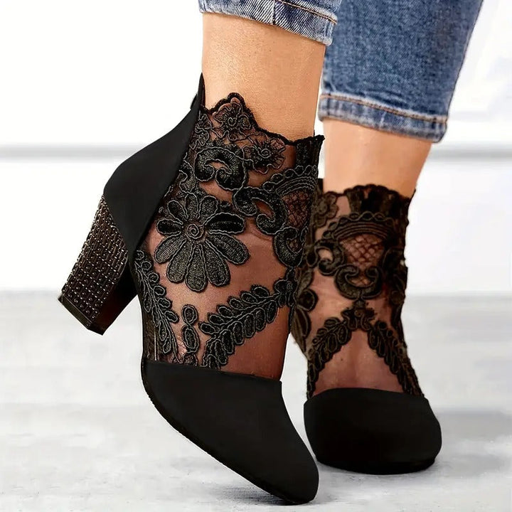 Women's Burgundy Floral Lace Block Heel Ankle Boots