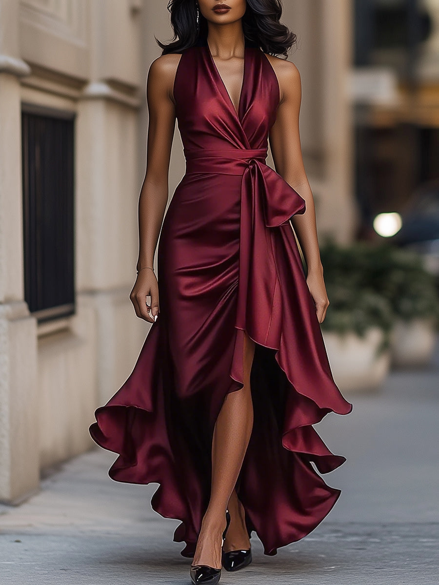 Women's Satin Halter Neck Wedding Guest Dress High-Low Hem