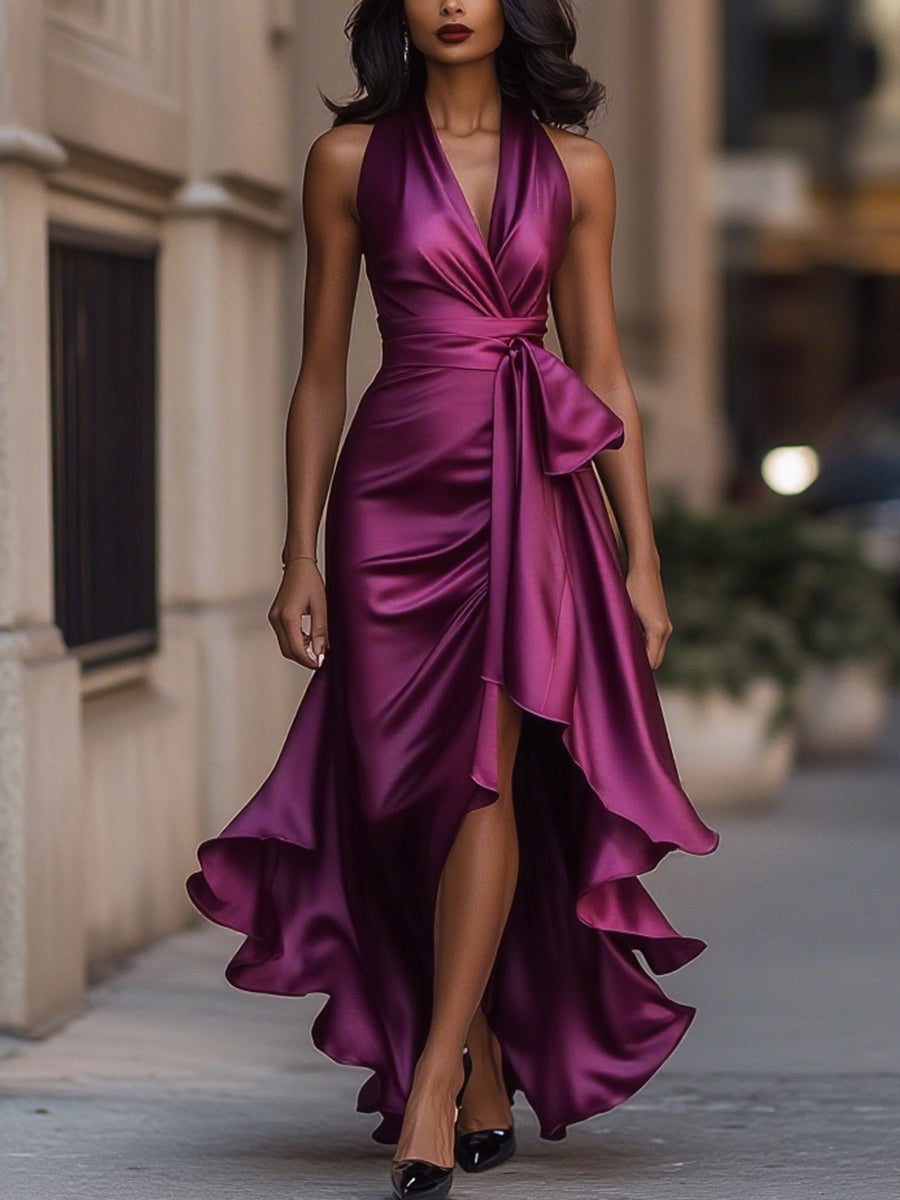 Women's Satin Halter Neck Wedding Guest Dress High-Low Hem