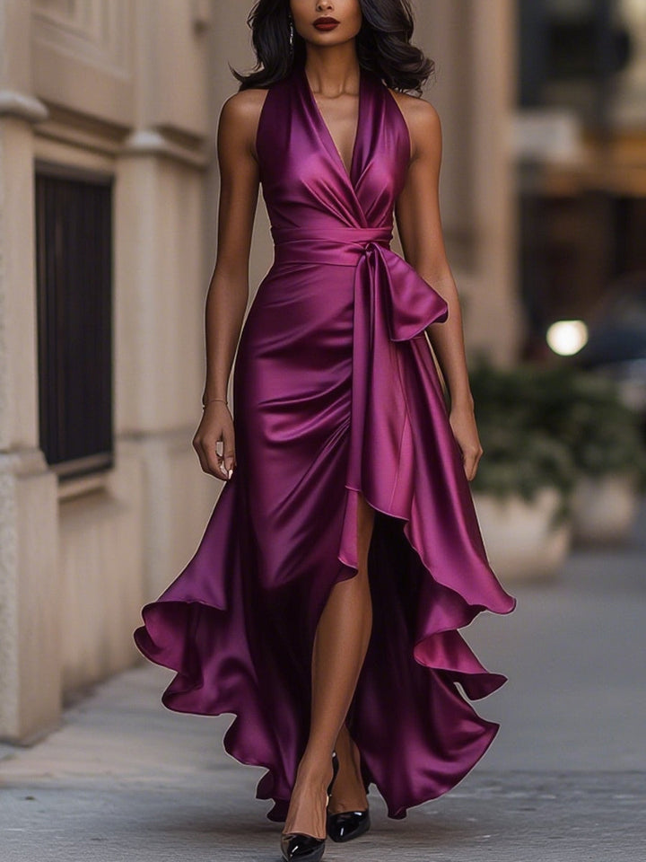 Women's Satin Halter Neck Wedding Guest Dress High-Low Hem