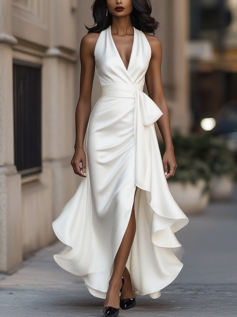 Women's Satin Halter Neck Wedding Guest Dress High-Low Hem