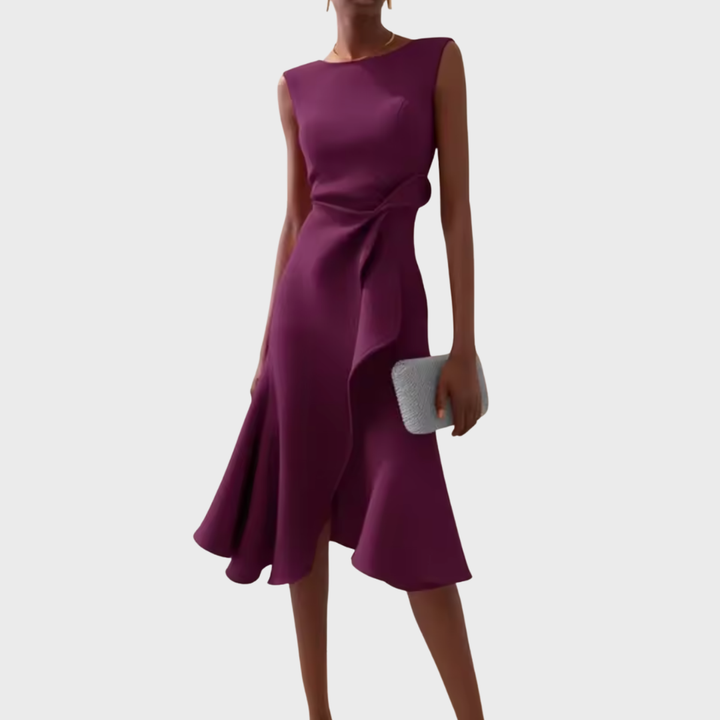 Women's Sleeveless Draped Waist Asymmetric Ruffle Hem Midi Dress