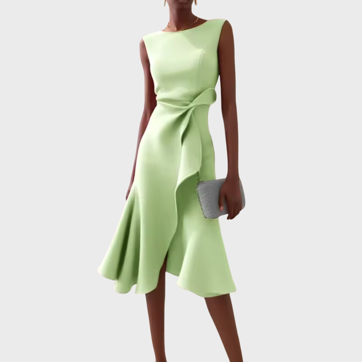 Women's Sleeveless Draped Waist Asymmetric Ruffle Hem Midi Dress