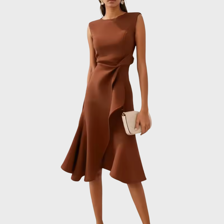 Women's Sleeveless Draped Waist Asymmetric Ruffle Hem Midi Dress
