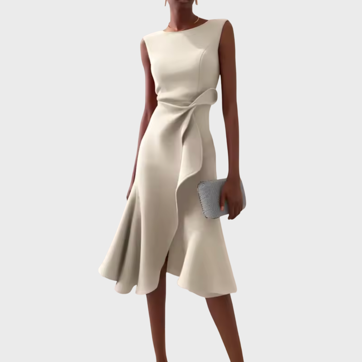 Women's Sleeveless Draped Waist Asymmetric Ruffle Hem Midi Dress