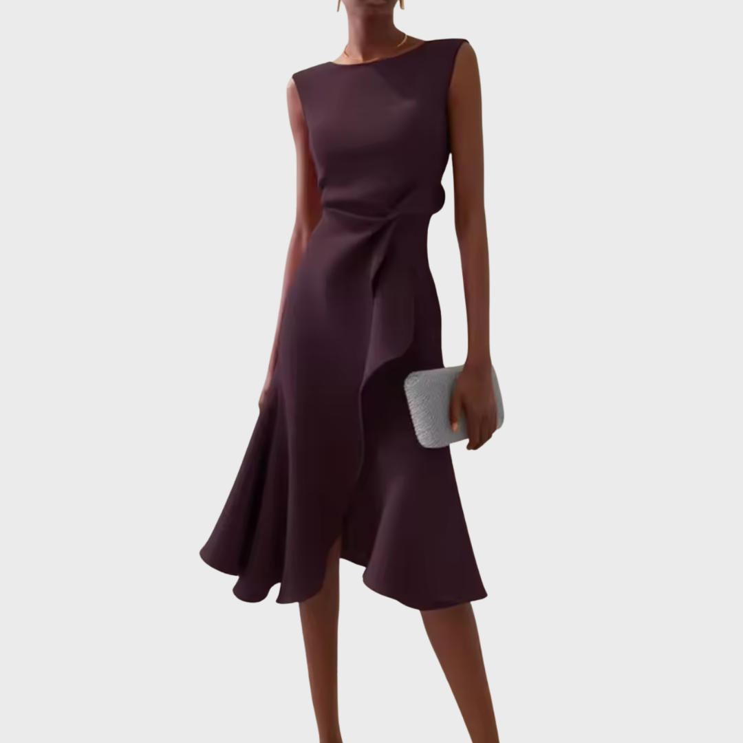 Women's Sleeveless Draped Waist Asymmetric Ruffle Hem Midi Dress
