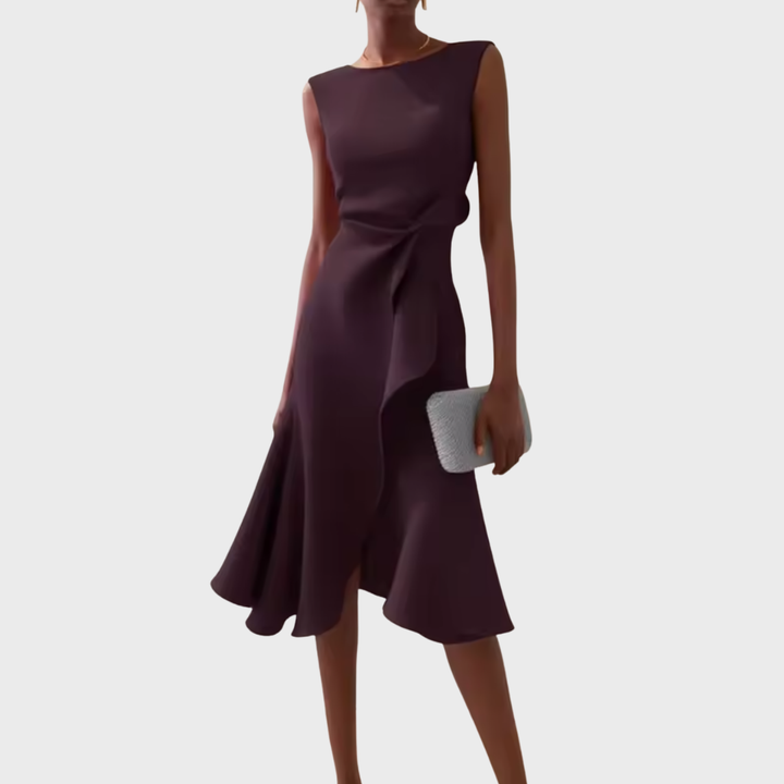 Women's Sleeveless Draped Waist Asymmetric Ruffle Hem Midi Dress