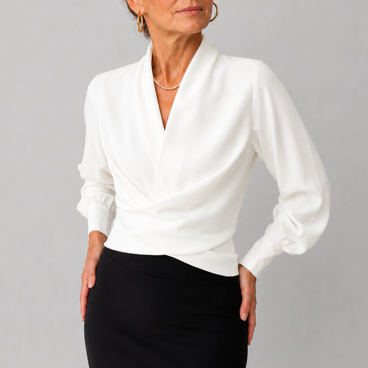 Women's Wrap Blouse with Draped V-Neckline and Long Sleeve Crossover Top