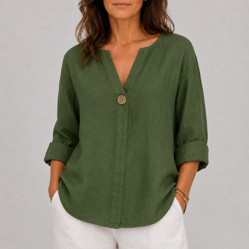 Women's V-Neck Linen Blouse with Single Button Detail
