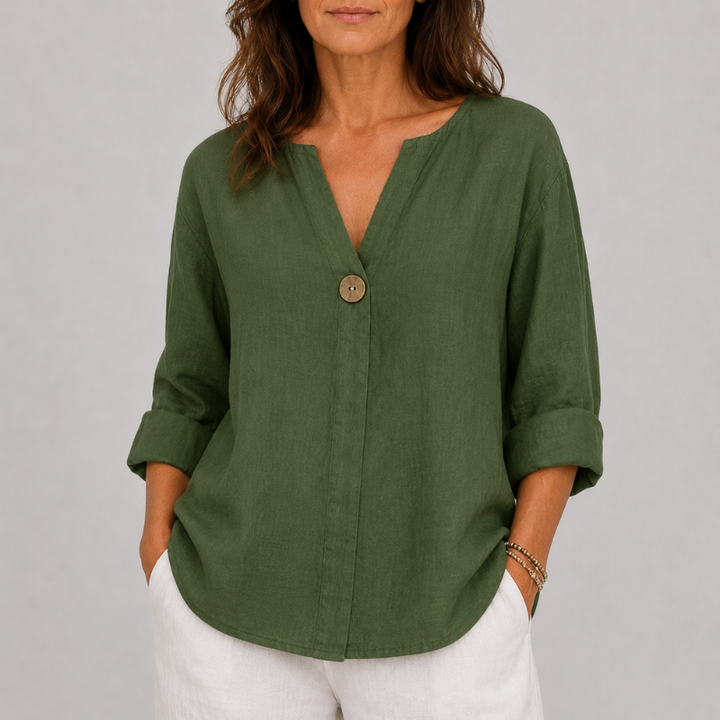 Women's V-Neck Linen Blouse with Single Button Detail