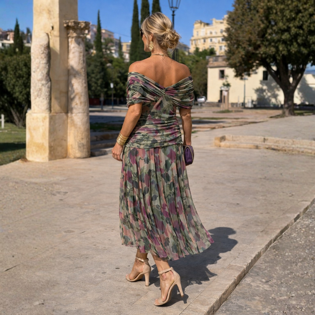 Women's V-Neck Ruched Waist Sheer Sleeve Chiffon Maxi Dress