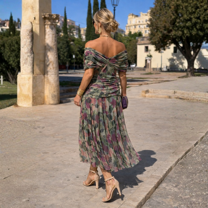 Women's V-Neck Ruched Waist Sheer Sleeve Chiffon Maxi Dress