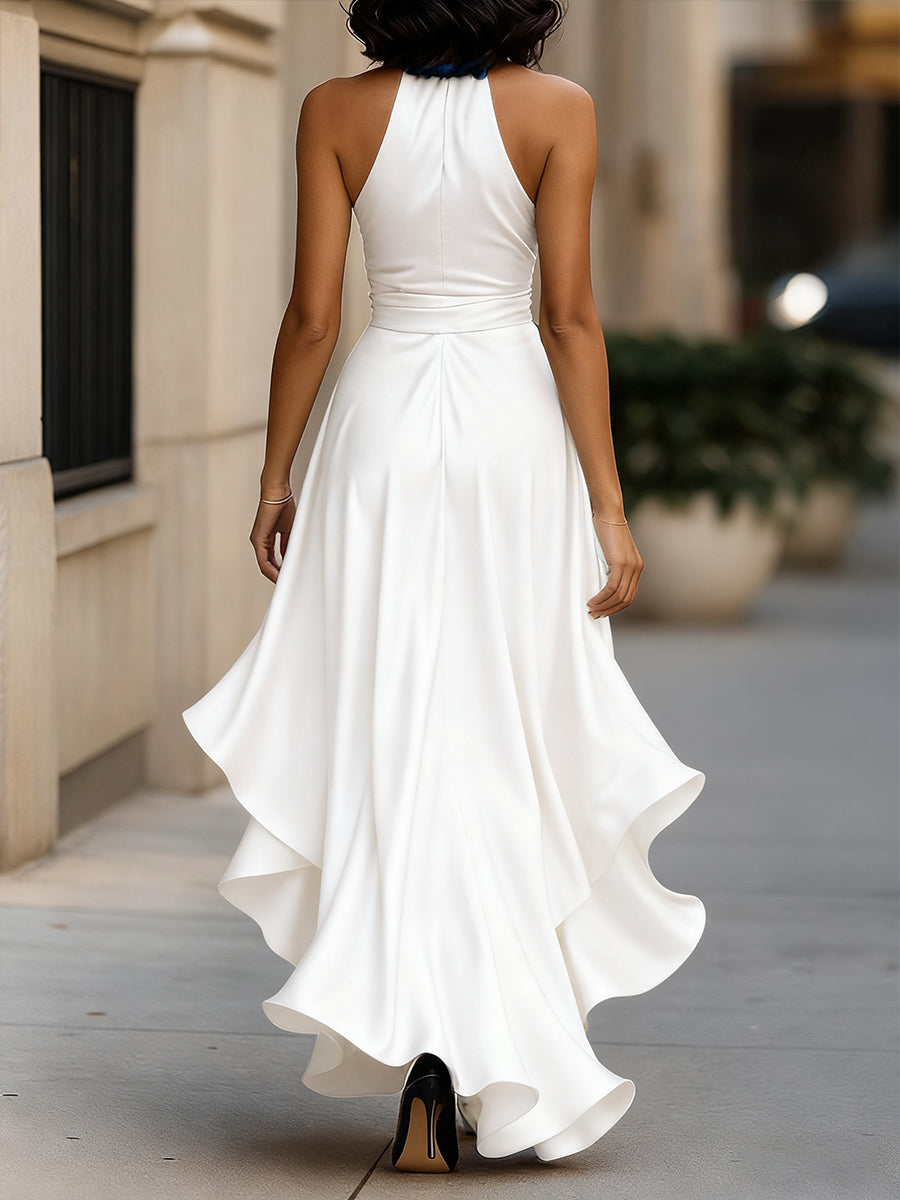 Women's Satin Halter Neck Wedding Guest Dress High-Low Hem