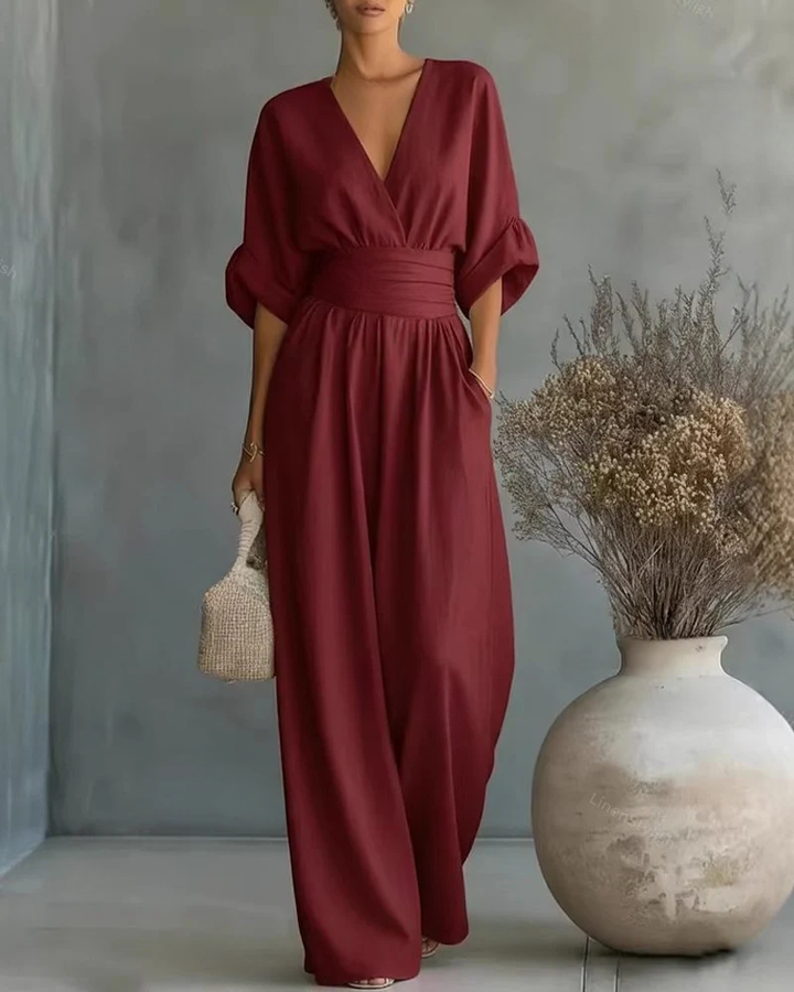 Women's Linen V-Neck Wide Leg Jumpsuit with Pockets