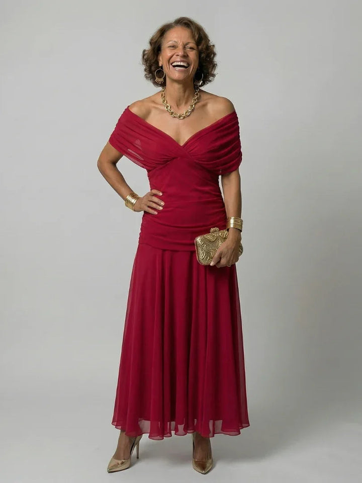 Women's Watercolour Floral Draped Off-Shoulder Flowy Midi Dress