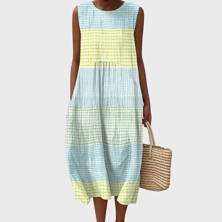Women's Striped Sleeveless Midi Dress Smocked Waist