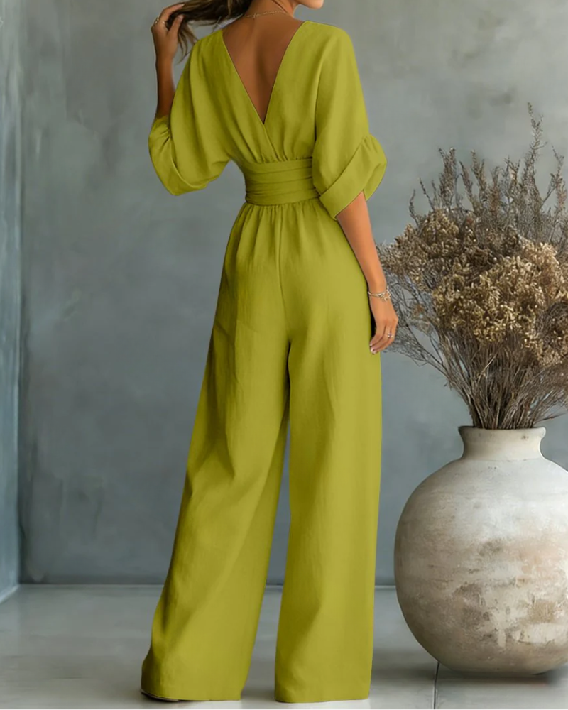 Women's Linen V-Neck Wide Leg Jumpsuit with Pockets