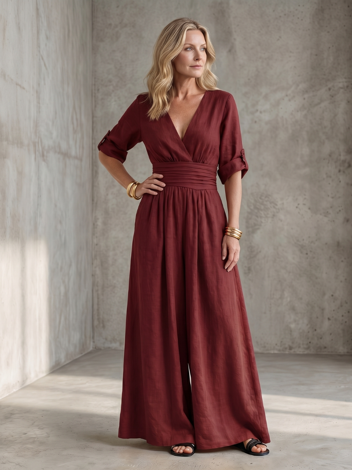 Women's Cross-Front Wide-Leg Gathered Waist Maxi Jumpsuit