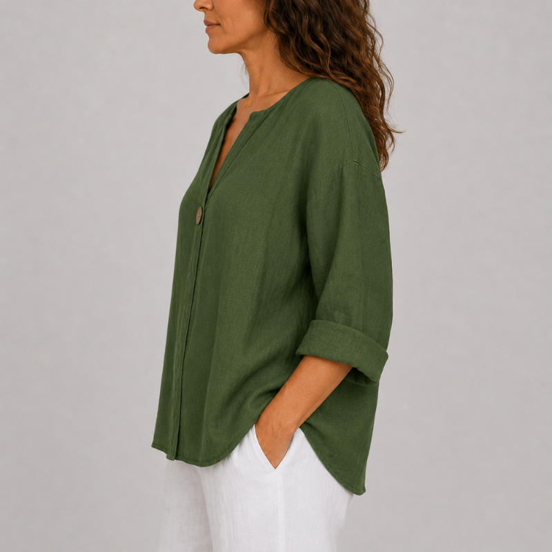 Women's V-Neck Linen Blouse with Single Button Detail