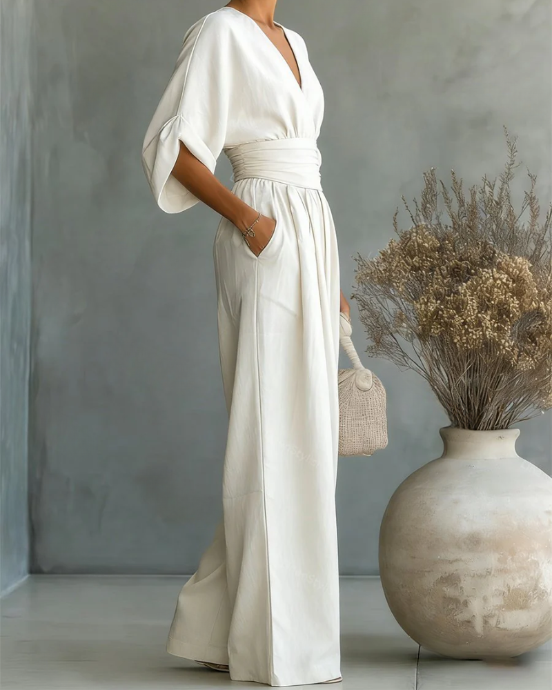 Women's Linen V-Neck Wide Leg Jumpsuit with Pockets