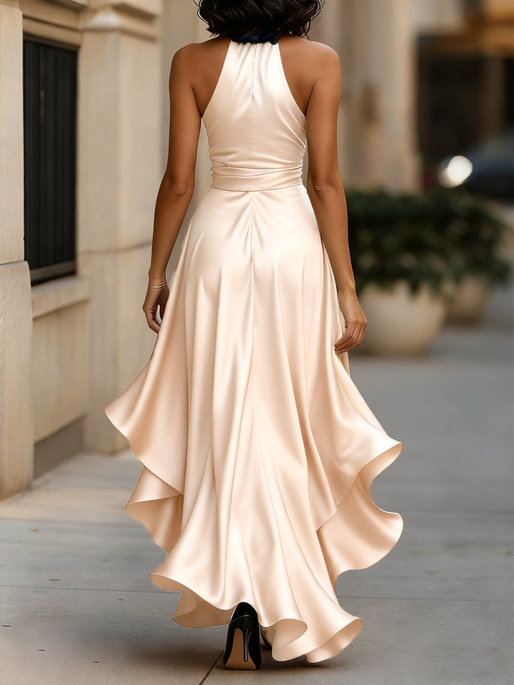 Women's Satin Halter Neck Wedding Guest Dress High-Low Hem