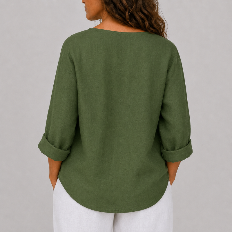 Women's V-Neck Linen Blouse with Single Button Detail
