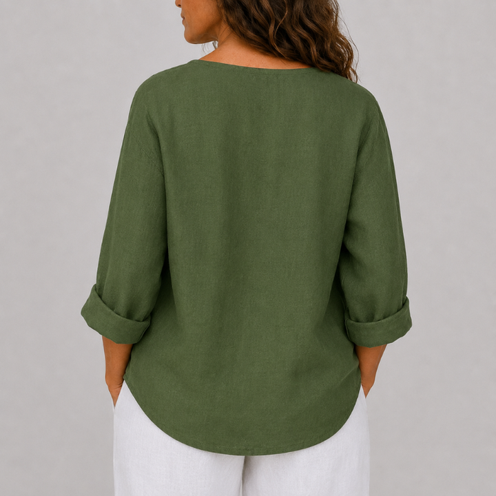 Women's V-Neck Linen Blouse with Single Button Detail