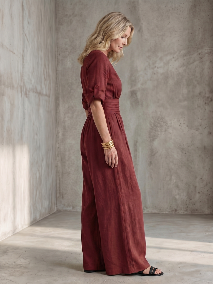 Women's Cross-Front Wide-Leg Gathered Waist Maxi Jumpsuit