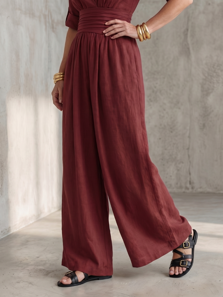 Women's Cross-Front Wide-Leg Gathered Waist Maxi Jumpsuit