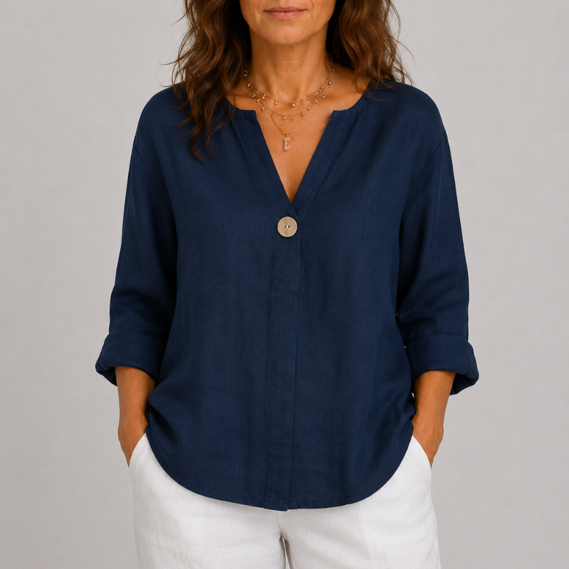 Women's V-Neck Linen Blouse with Single Button Detail