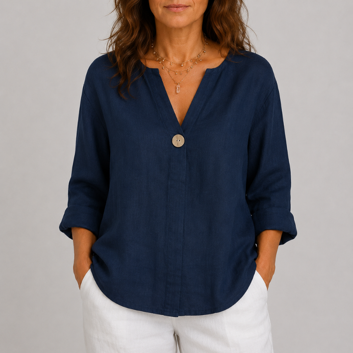 Women's V-Neck Linen Blouse with Single Button Detail