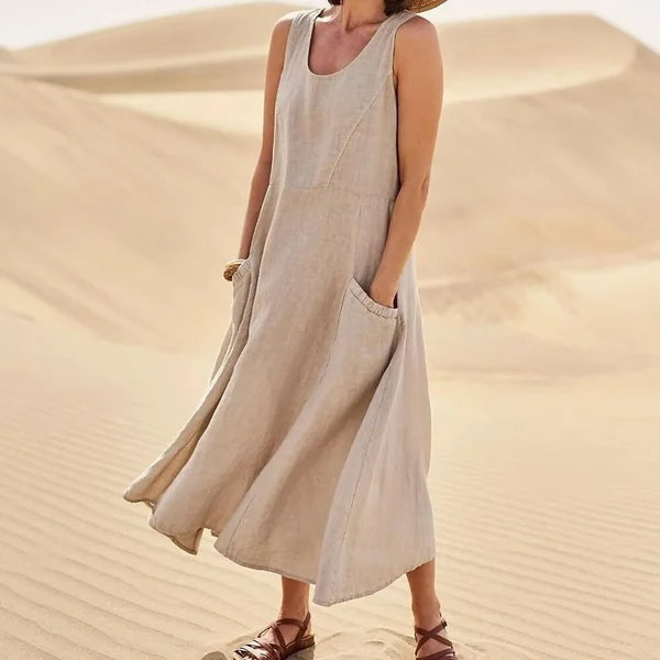 Women's Sleeveless Linen Maxi Dress with Side Pockets
