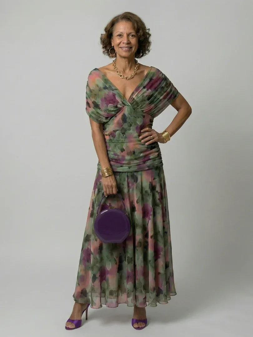 Women's Watercolour Floral Draped Off-Shoulder Flowy Midi Dress
