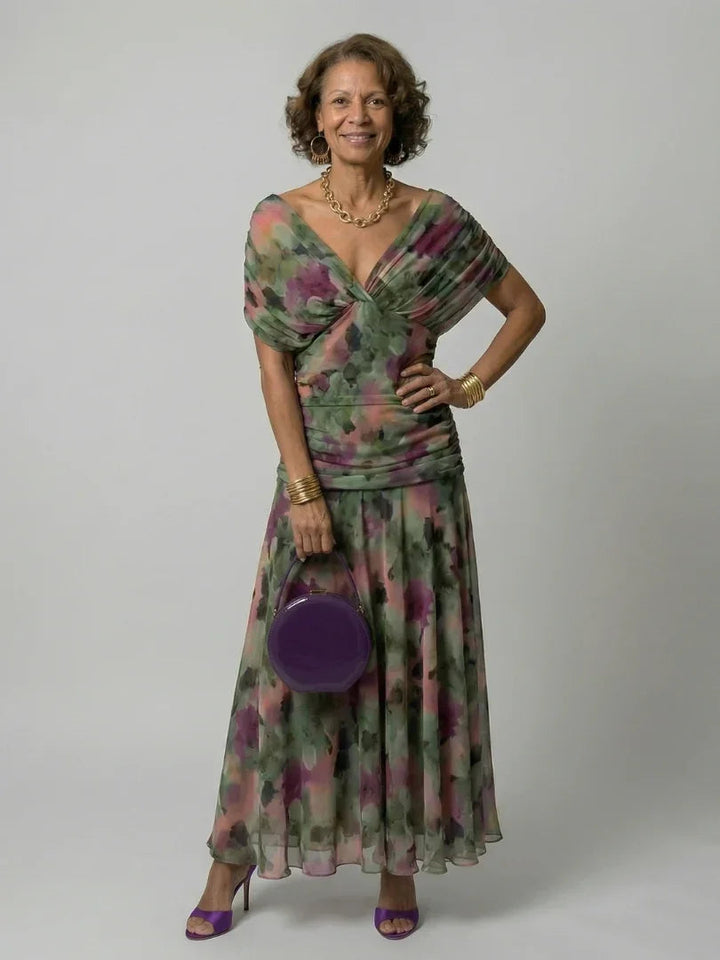Women's Watercolour Floral Draped Off-Shoulder Flowy Midi Dress