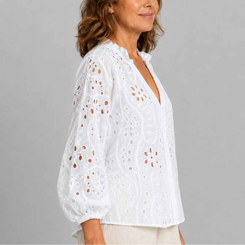 Women's Broderie Anglaise Blouse with V-Neck and Balloon Sleeves