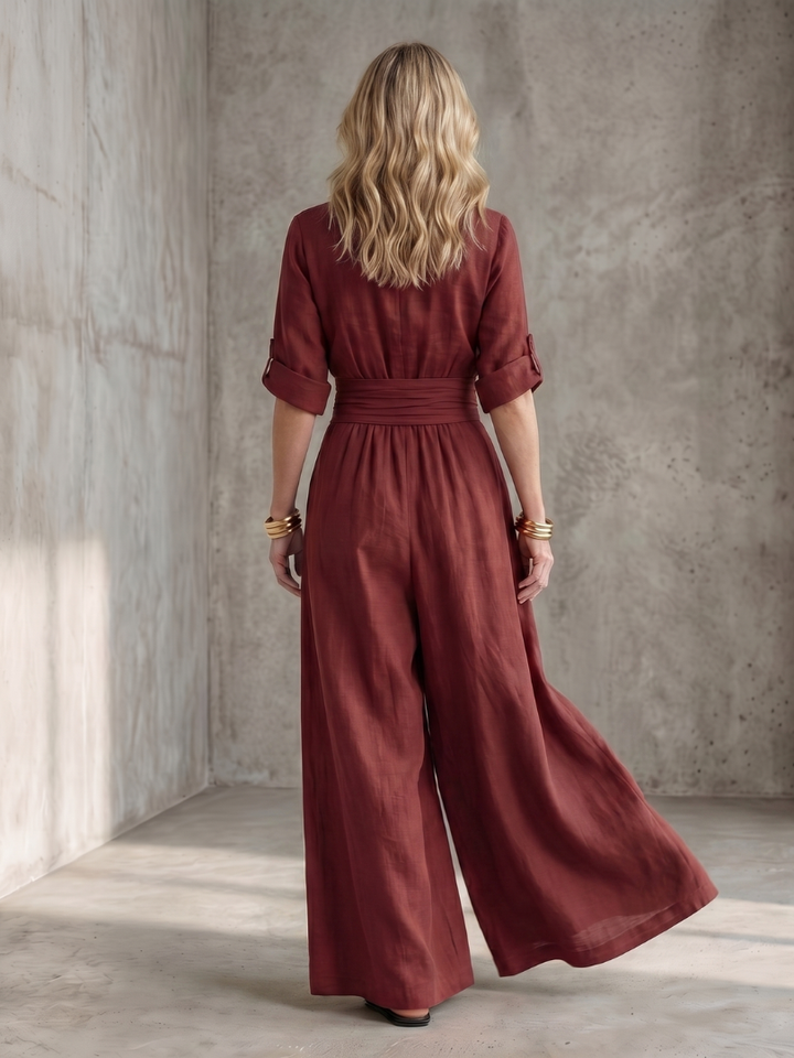 Women's Cross-Front Wide-Leg Gathered Waist Maxi Jumpsuit