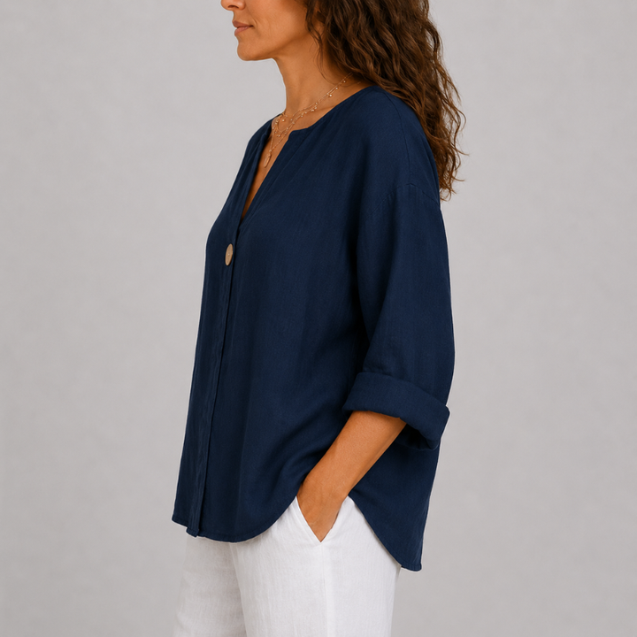 Women's V-Neck Linen Blouse with Single Button Detail