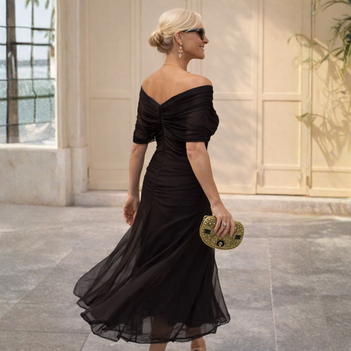 Women's V-Neck Ruched Waist Sheer Sleeve Chiffon Maxi Dress