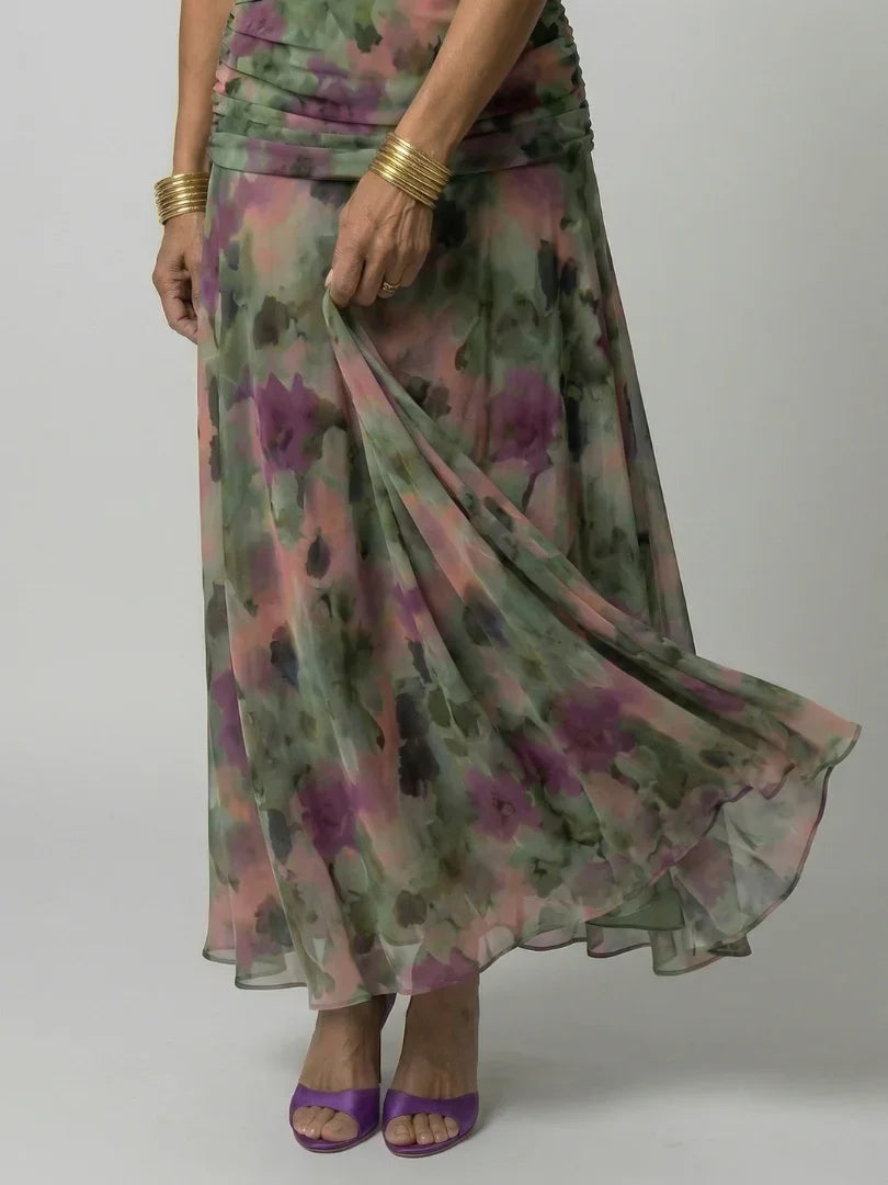 Women's Watercolour Floral Draped Off-Shoulder Flowy Midi Dress