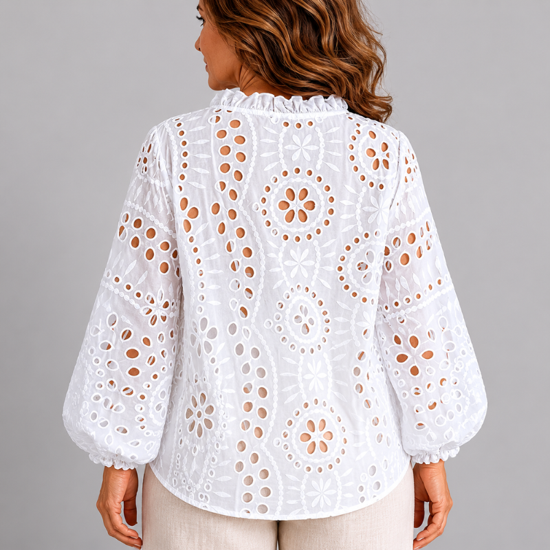 Women's Broderie Anglaise Blouse with V-Neck and Balloon Sleeves