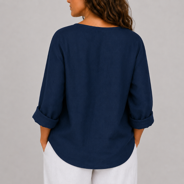 Women's V-Neck Linen Blouse with Single Button Detail