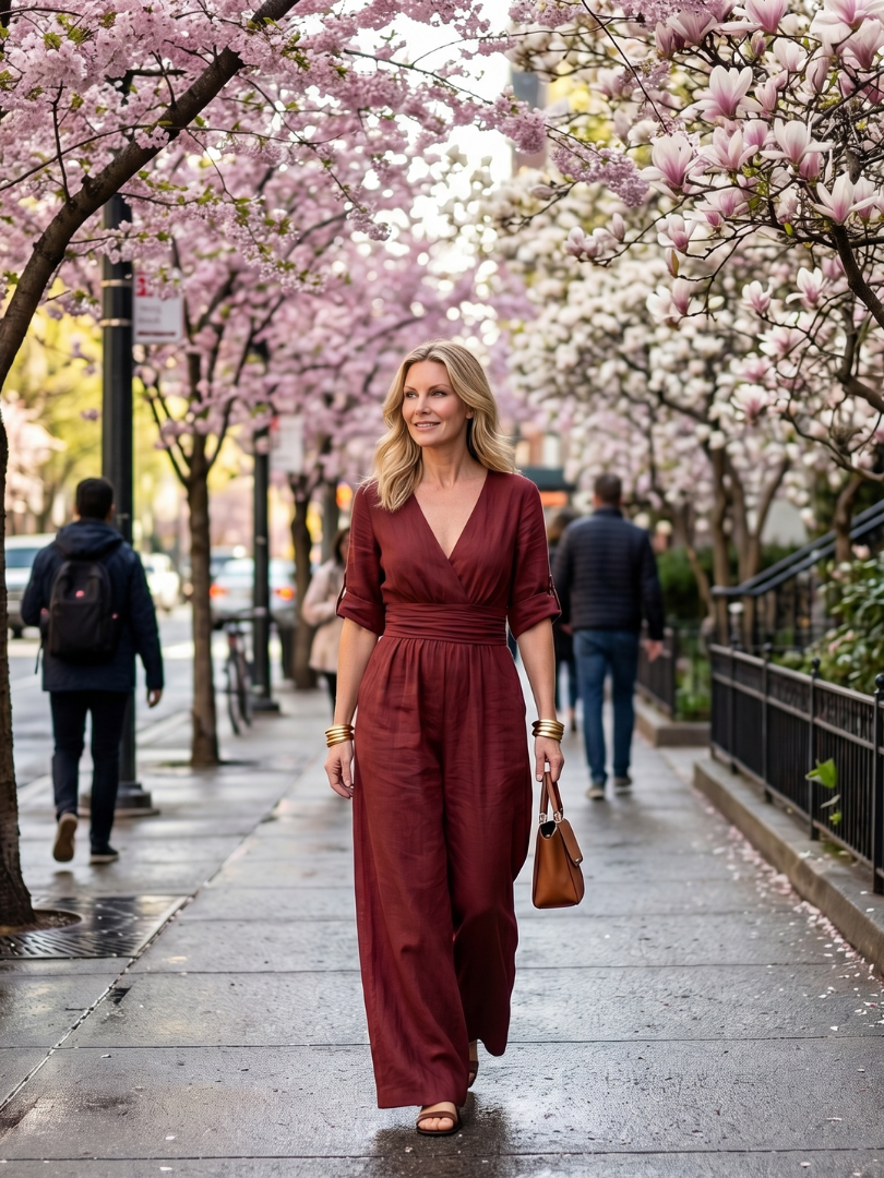 Women's Cross-Front Wide-Leg Gathered Waist Maxi Jumpsuit