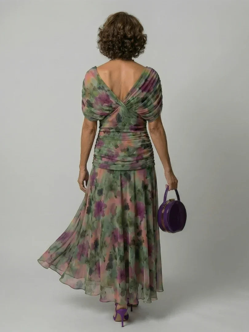 Women's Watercolour Floral Draped Off-Shoulder Flowy Midi Dress