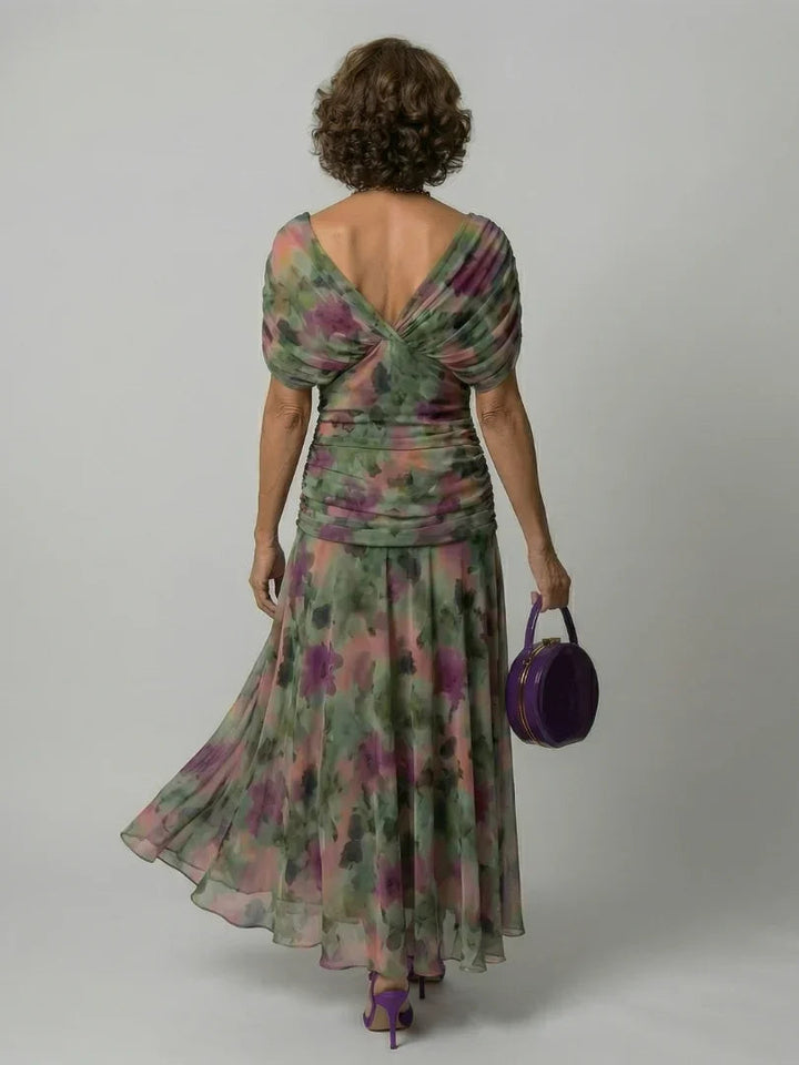 Women's Watercolour Floral Draped Off-Shoulder Flowy Midi Dress