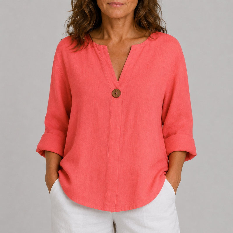 Women's V-Neck Linen Blouse with Single Button Detail