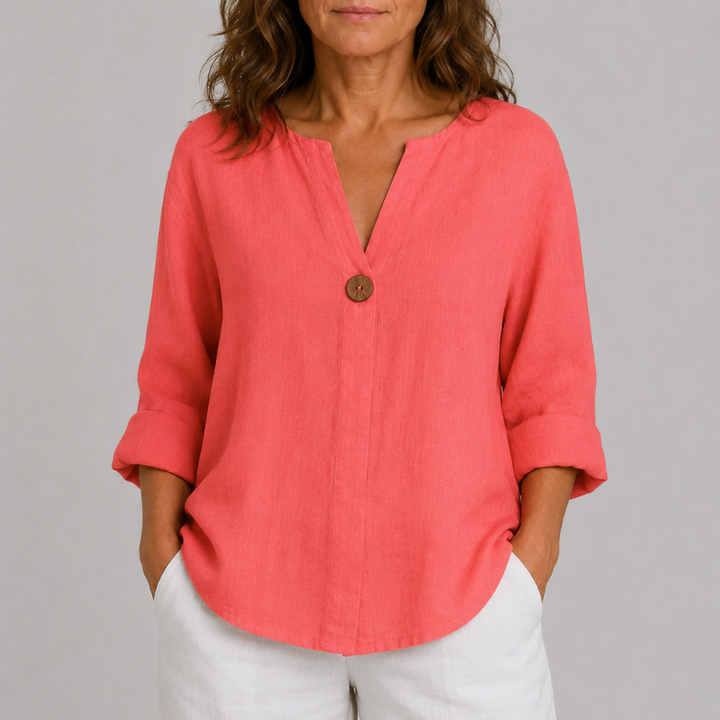 Women's V-Neck Linen Blouse with Single Button Detail