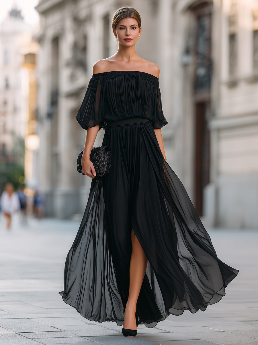 Women's Elegant Off Shoulder Formal Wedding Guest Maxi Dress with Pleated Skirt